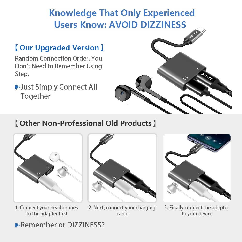 AGVEE Dual USB-C Headphone & Charging Adapter, Type-C Earbud Splitter, Duo USBC Audio & Charger Jack Earphone Dongle for Samsung S21 S20 FE 5G Ultra, Note 20 10, iPad Pro, Pixel 2 3 4 5 XL, Gray