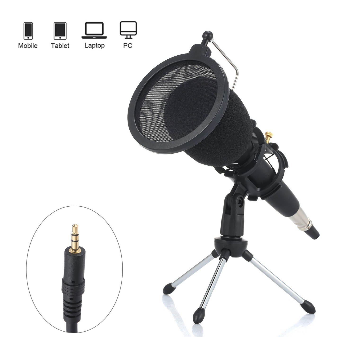 Professional Condenser Microphone with Stand 3.5mm for Computer Phone PC Microphone Mic for Sing Recording Live Broadcast