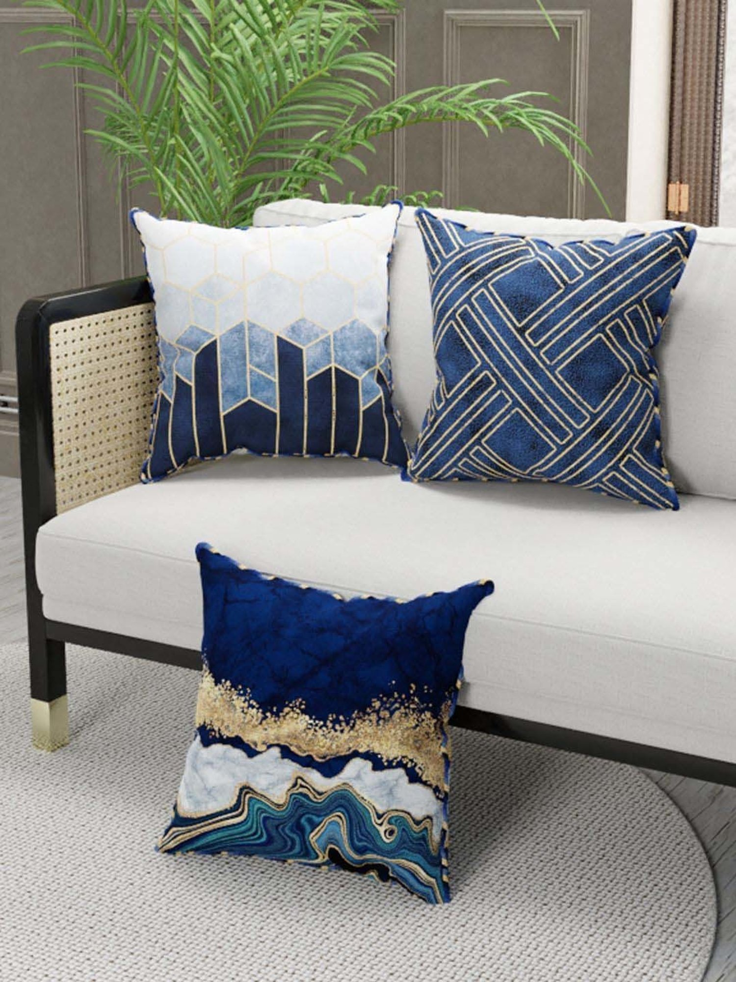 Bianca Suzane Navy & Gold Micro Fiber Reversible Printed Cushion Covers - Set of 3
