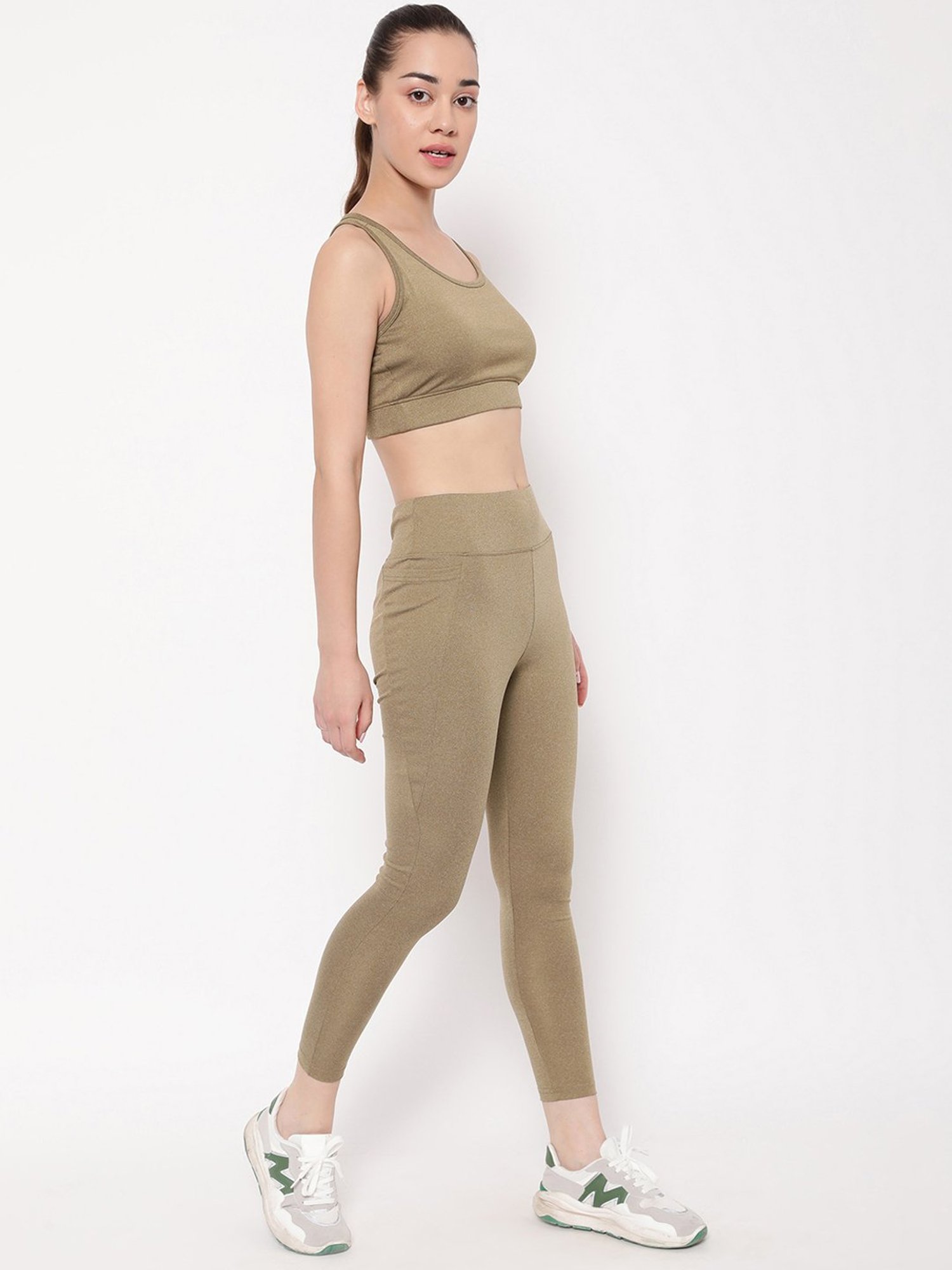 Clovia Dusty Olive Green Padded Sports Bra Tights Set
