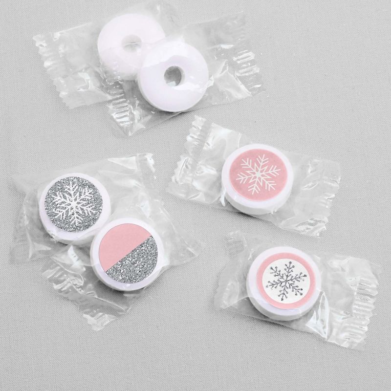Big Dot of Happiness Pink Winter Wonderland - Snowflake Party or Baby Shower Round Candy Sticker Favors - Labels Fit Hershey's Kisses (1 Sheet of 108)