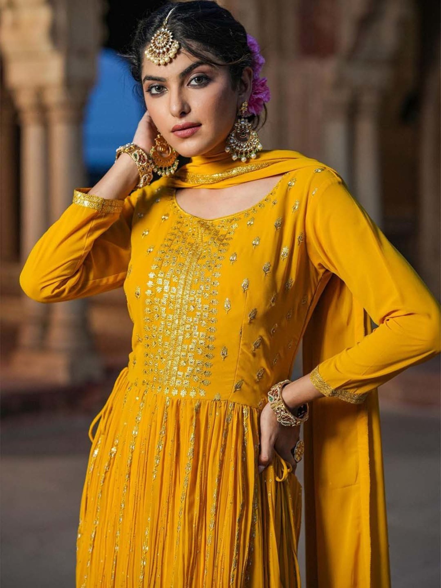 SCAKHI Yellow Embroidered Kurta Palazzo Set With Dupatta