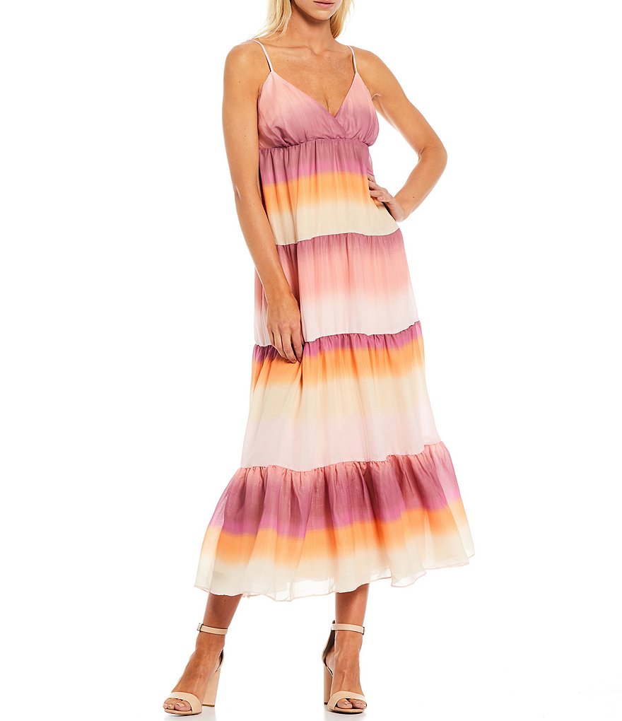 WAYF Dip Dye Print V-Neck Sleeveless Tiered Midi Dress