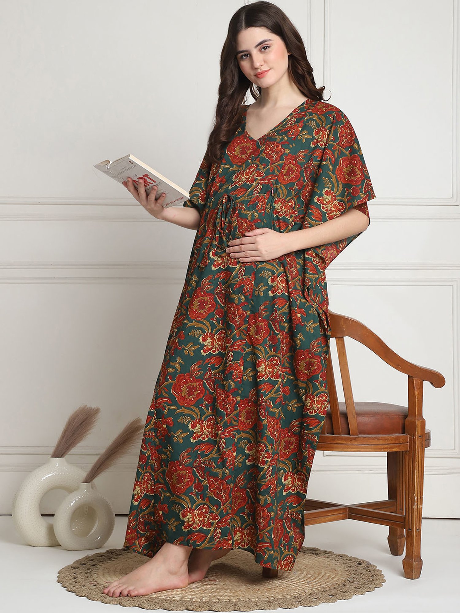 Secret Wish Dark Green Floral Print Maternity Kaftan Night Dress