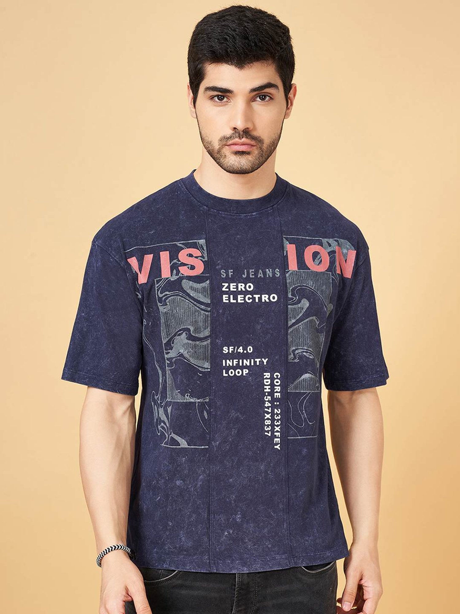 Sf Jeans By Pantaloons Faded Denim Cotton Regular Fit Printed T-Shirt