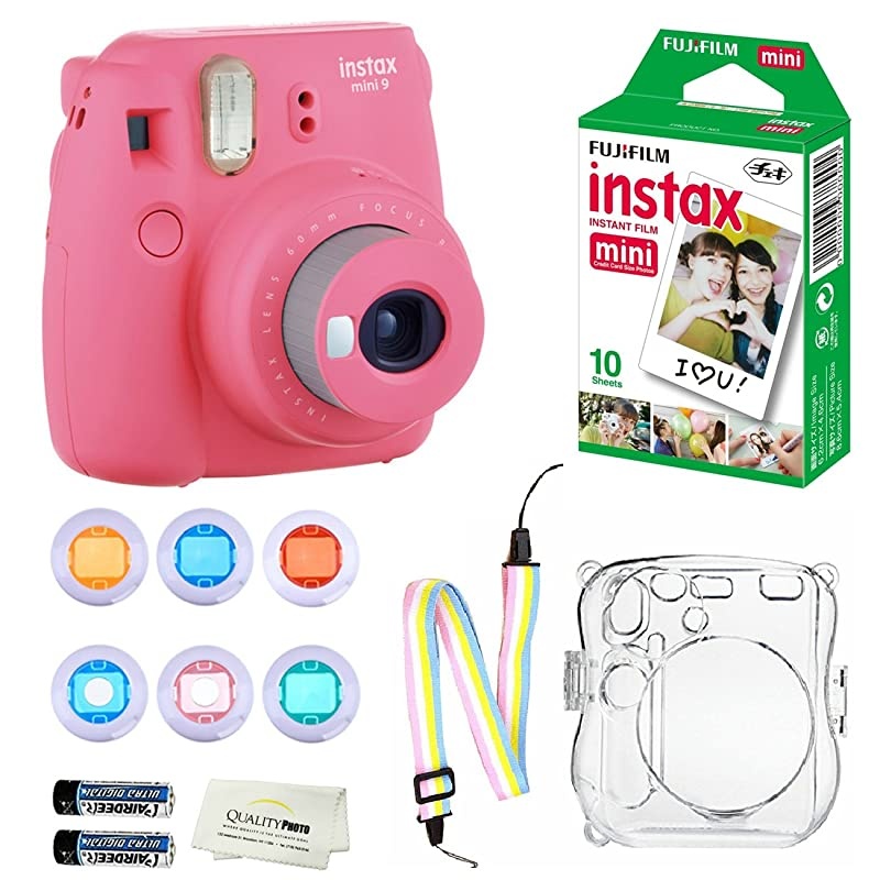 Instax Mini 9 Instant Camera Flamingo Pink + 10 Fuji Instant Film Sheets + Convenient Instax Clear Case WRainbow Strap + 6Color Lenses More