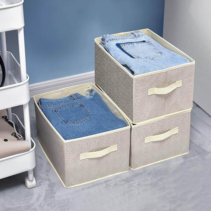 Storage Bin for Shelves Fabric Closet Organizer Shelf Cube Box with Handle Home Office Storage Baskets Medium Beige 3Pack