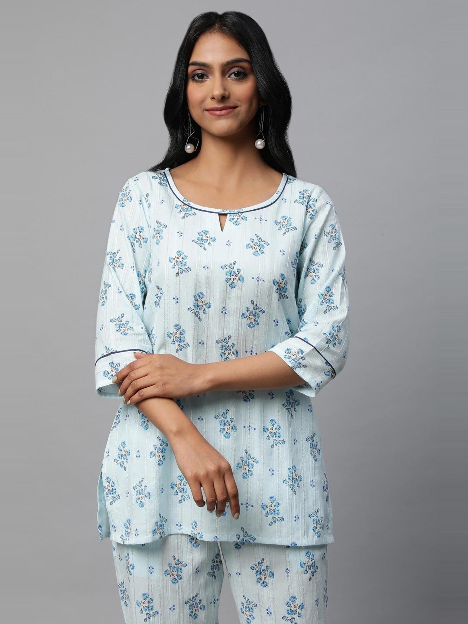 Aurelia Blue Cotton Printed Short Kurti Pant Set