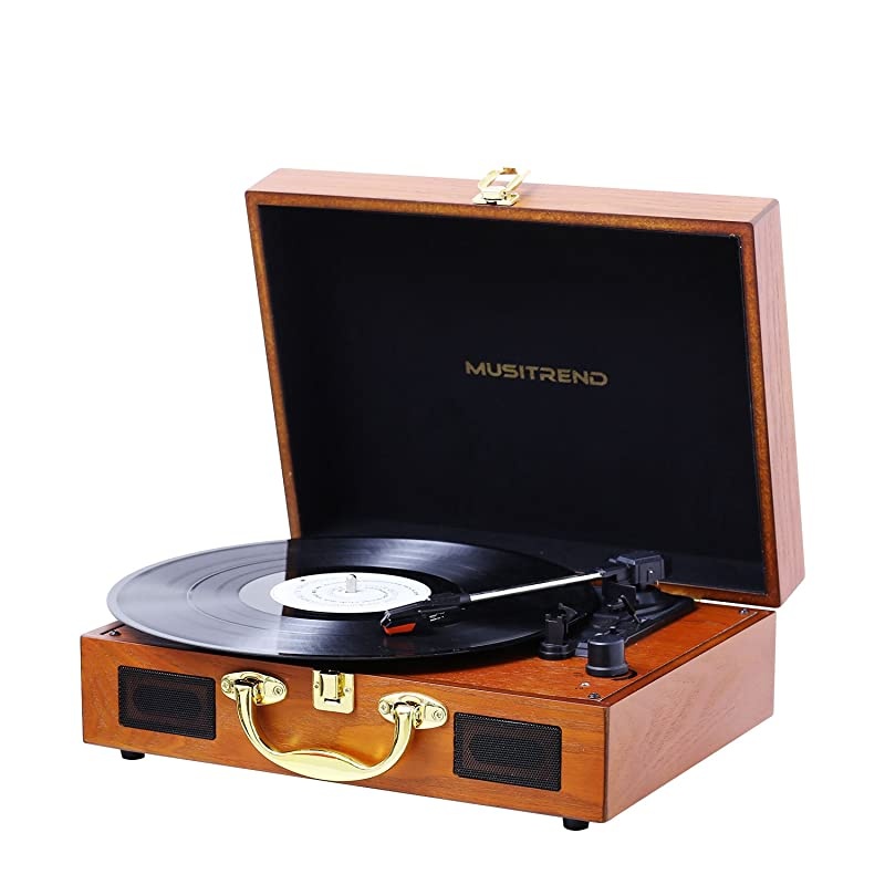 Bluetooth Portable Suitcase Record Player, 3-Speed Belt-Drive Vinyl Record Player with Stereo Speakers Headphone Jack Aux Input RCA Line Out, Vintage Style Turntable (Black)