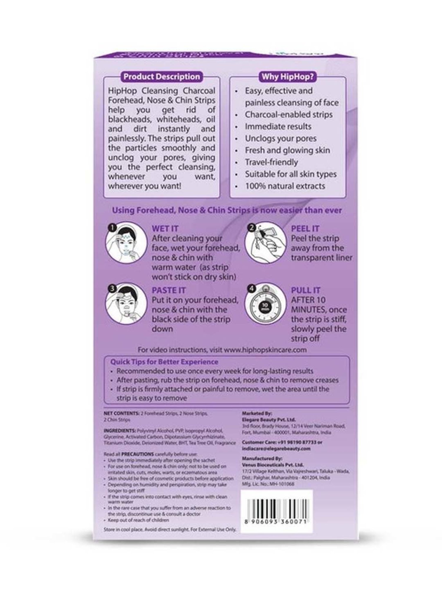 HipHop Skincare Charcoal Cleansing Forehead,Nose & Chin Strips - 6 Strips