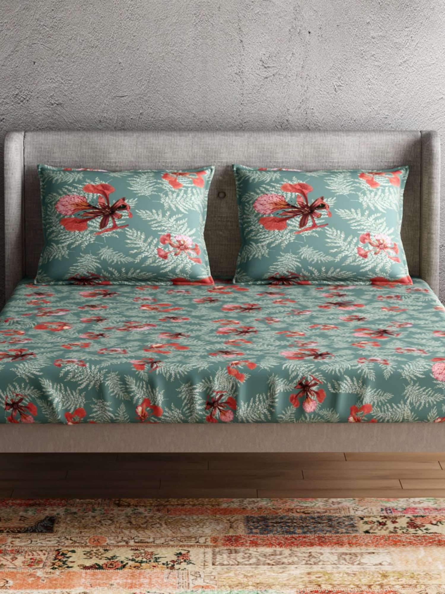 Petal Home Poinciana Floral Teal Green 300 TC Cotton Queen Size Bed Sheet with 2 Pillow Covers
