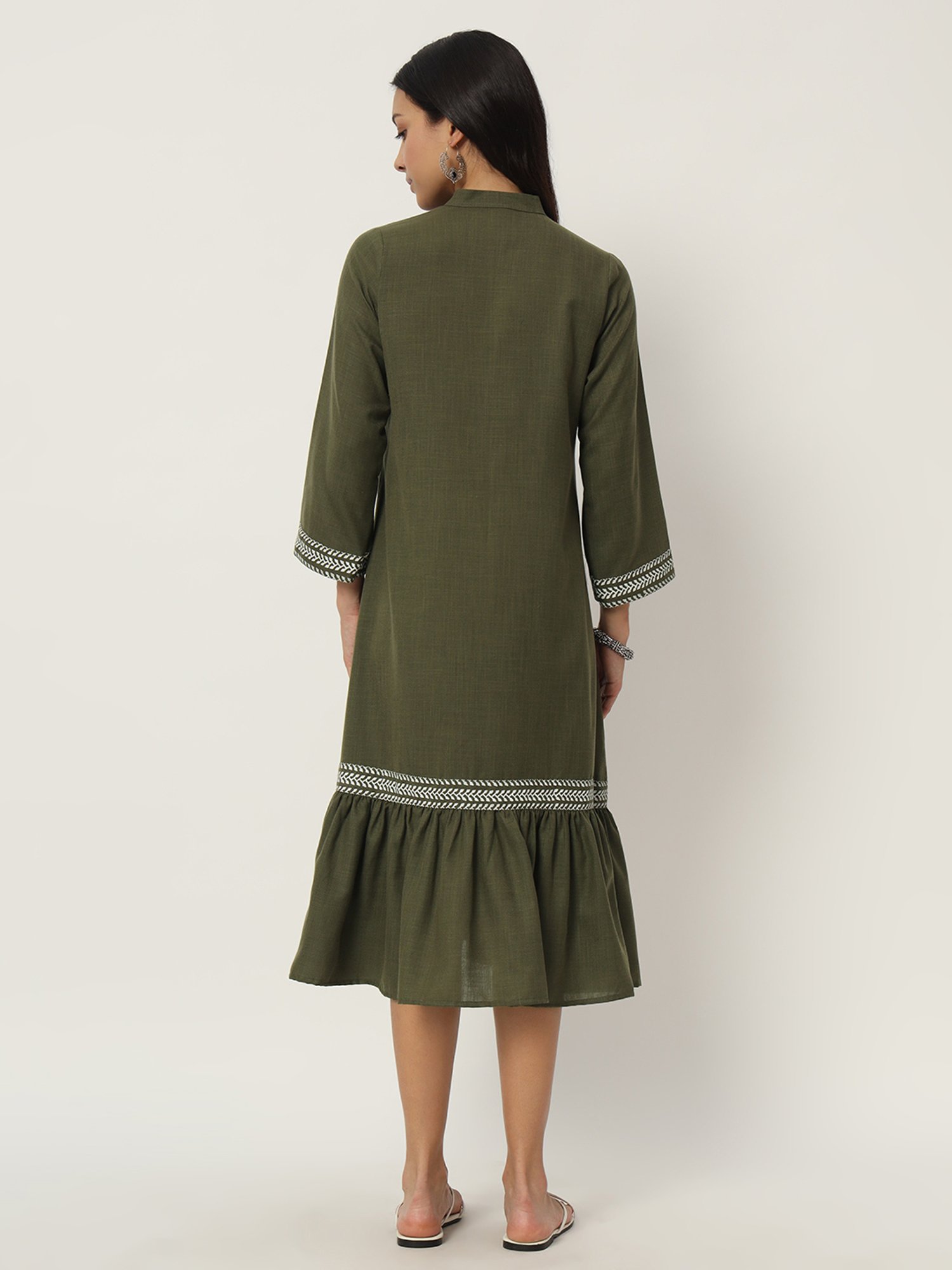 9rasa Olive Cotton Printed Ethnic Dress