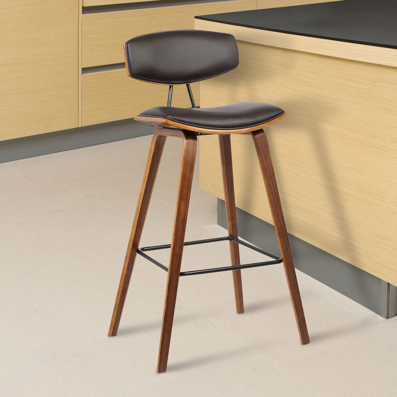 26" Fox Mid-Century Counter Height Barstool in Brown Faux Leather with Walnut Wood - Armen Living