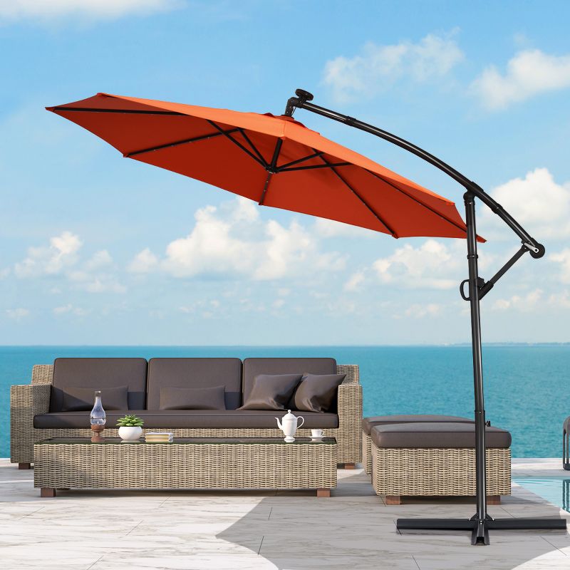 Costway 10FT Patio Offset Umbrella Solar LED 360degrees Rotation Orange