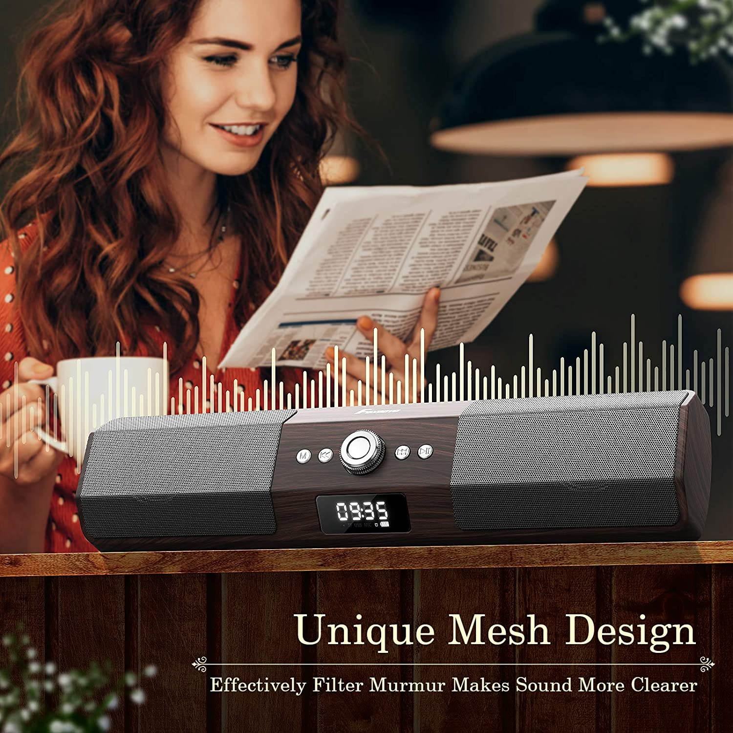 Computer Speakers Bluetooth Soundbar: Gaming Stereo Sound Bar for PC Desktop 20W Wired and Wireless Speaker with Deep Bass Dual-Channel Multimedia for Laptop Smartphones Wooden Enclosure