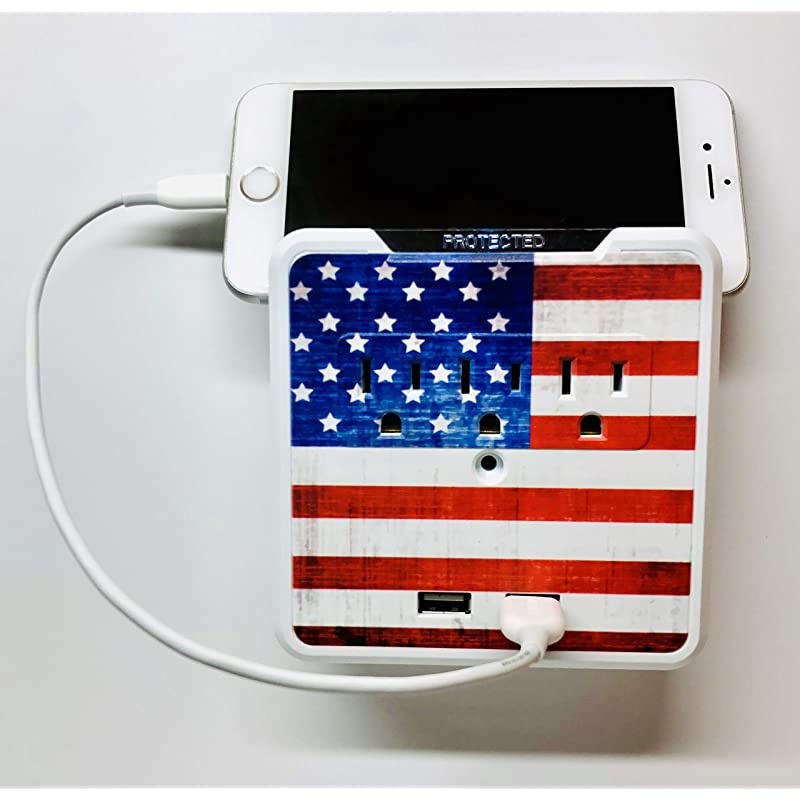 Decorative Wall Mount Surge Protector with 3 Outlets Dual USB Charging Ports and Phone Holder USB Charging CenterMulti Function Wall Tap Vintage American Flag