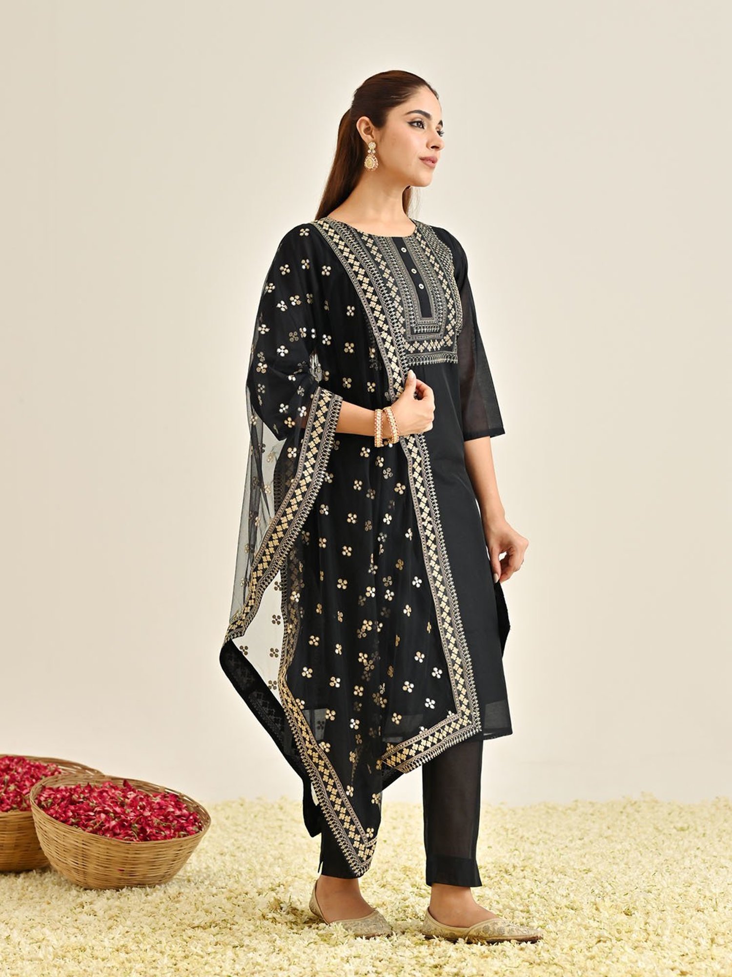 Rustorange Black Embroidered Kurta With Pant & Dupatta