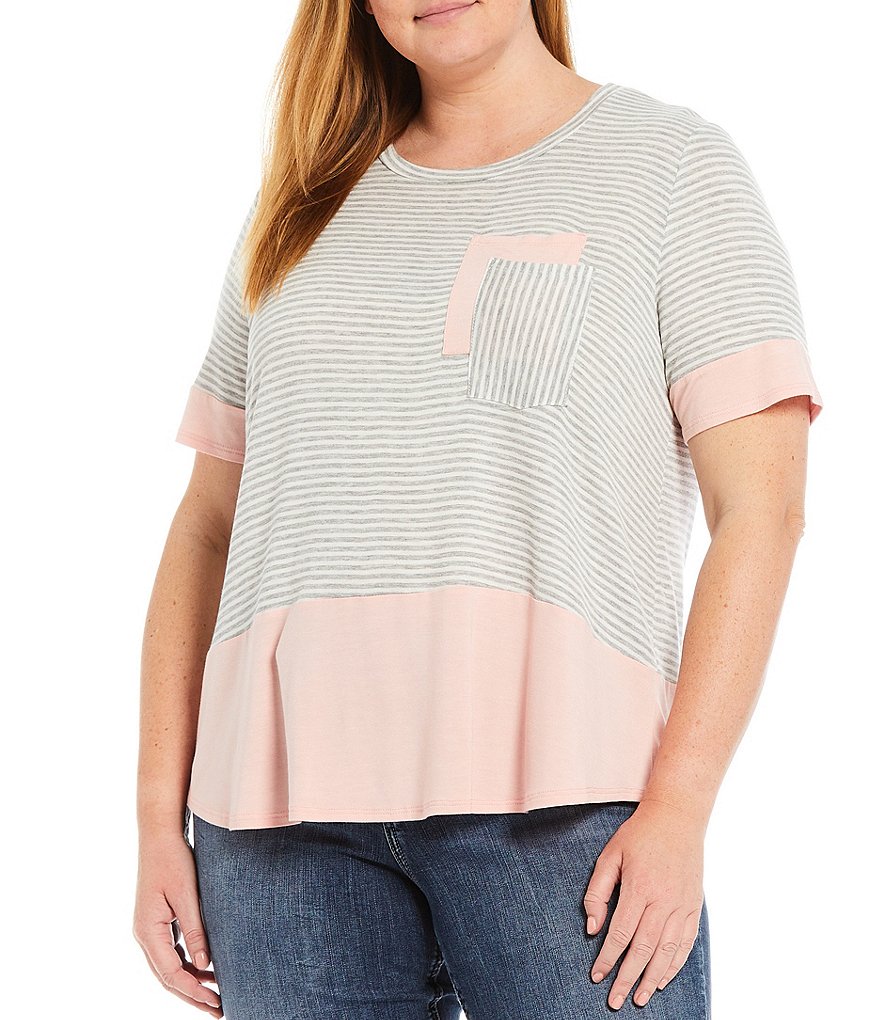 Moa Moa Plus Size Stripe Print Solid Block Round Neck Short Sleeve Contrast Double Pocket Top