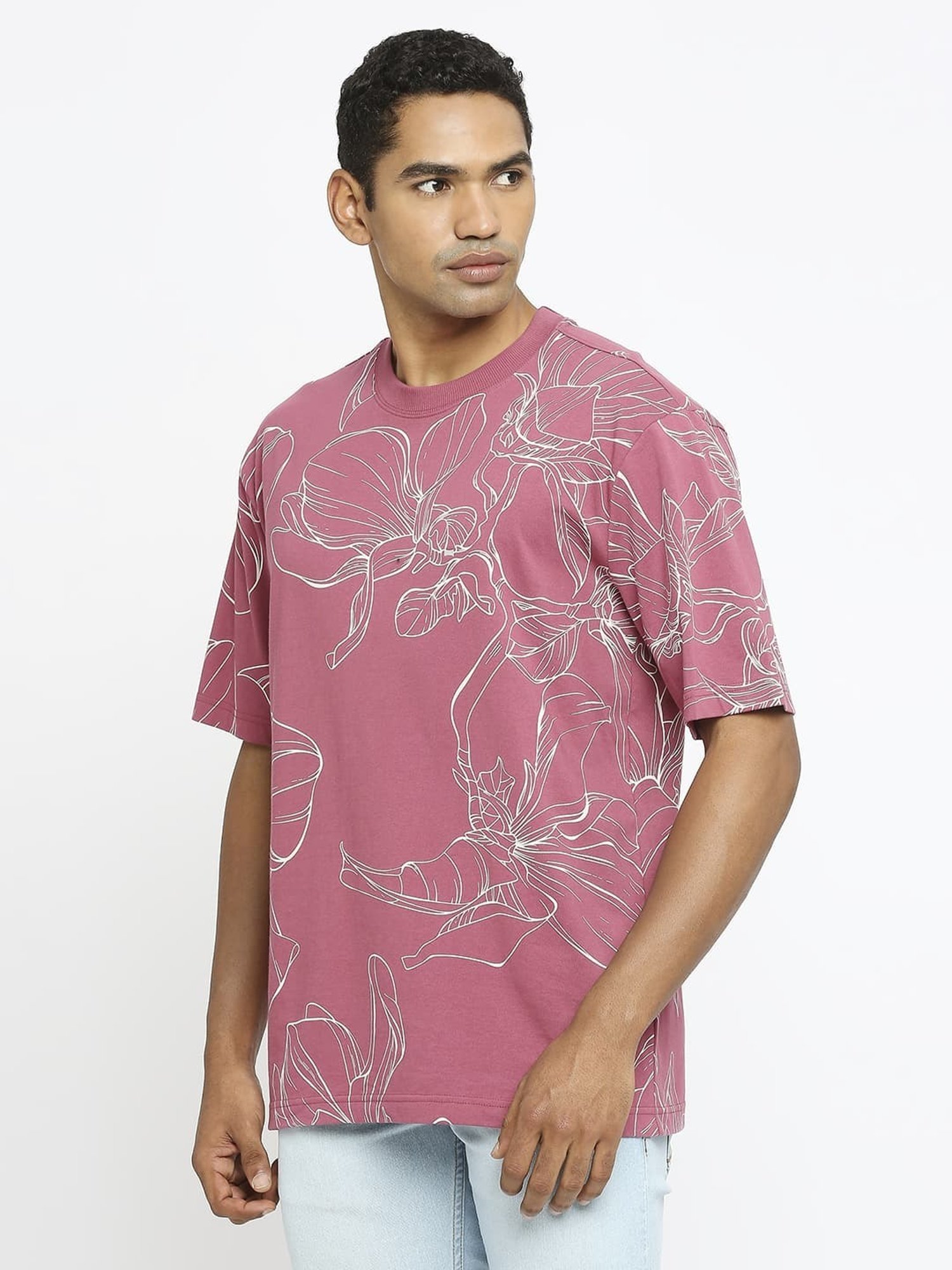 Basics Maroon Cotton Relaxed Fit Printed T-Shirt