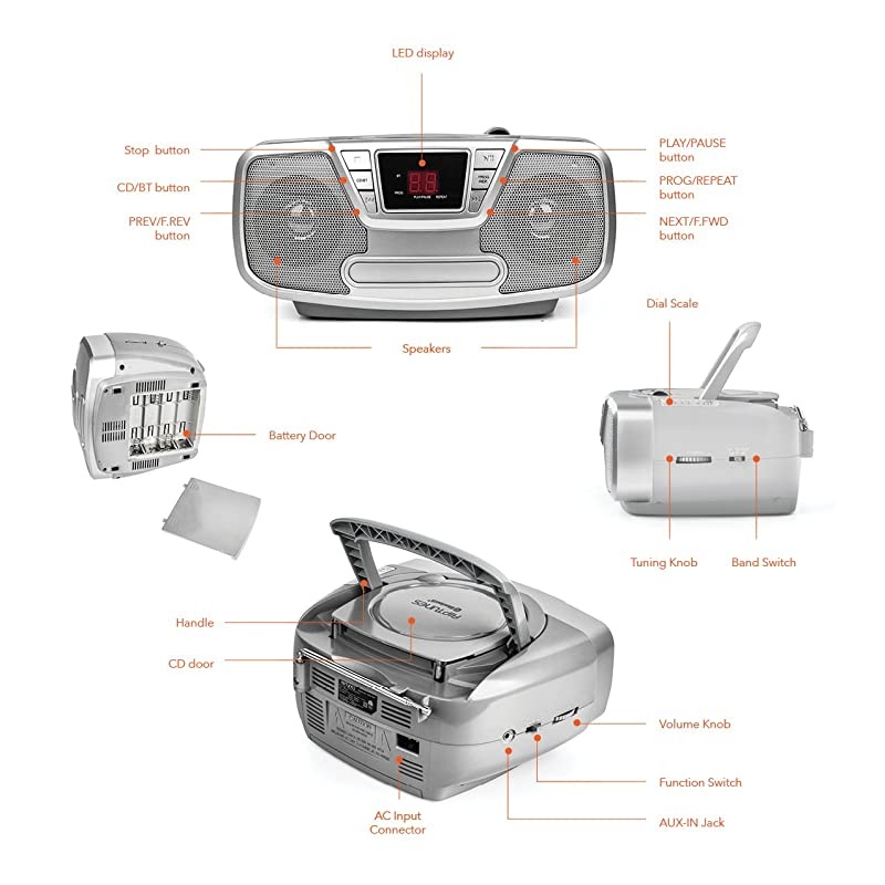 Programmable CD Boombox- Portable Boombox, AM/FM Radio, with Bluetooth Black CDB232BT