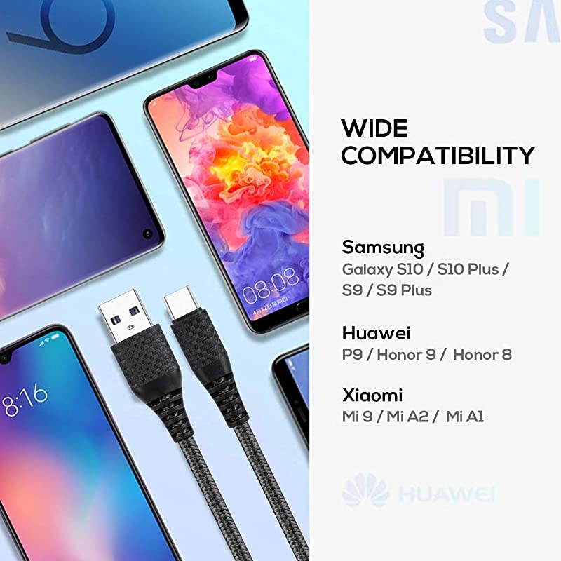 C Cable 10ft, Samsung Galaxy S8 S9 Plus Charger Fast Charging Cord, 2 Pack Nylon Braided A to Type C Charging for for Samsung S10 Note 9, Pixel, LG V30 G6 G5, Google Pixel Gray