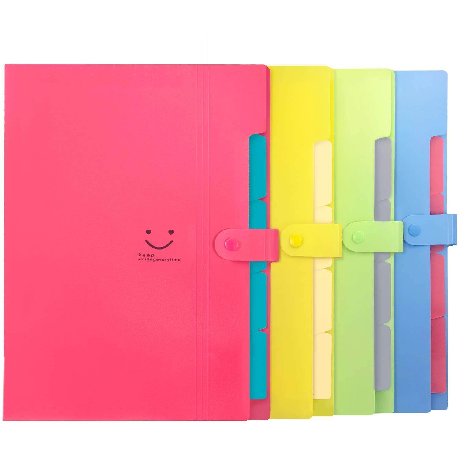 Initial heart Expanding File Folders with 5 Pockets Accordian Folder Organizer A4 Letter Size Plastic Snap Closure Paper Organizer Set of 4 Colored Decorative for School Office Travel Family