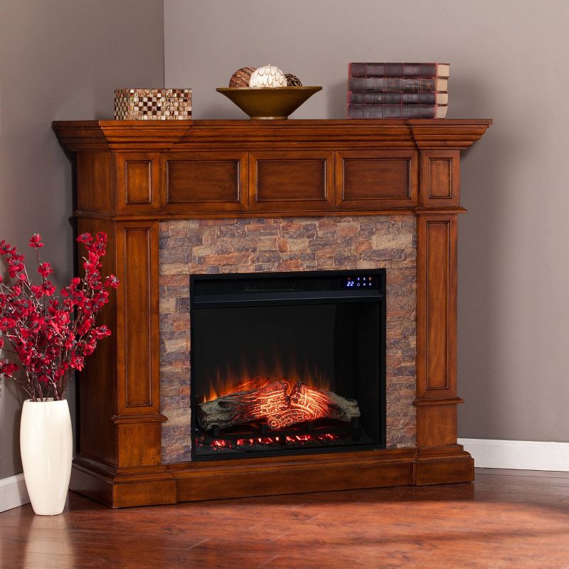 Southern Enterprises Maison Touch Panel Electric Convertible Fireplace with Faux Stone Buckeye Oak