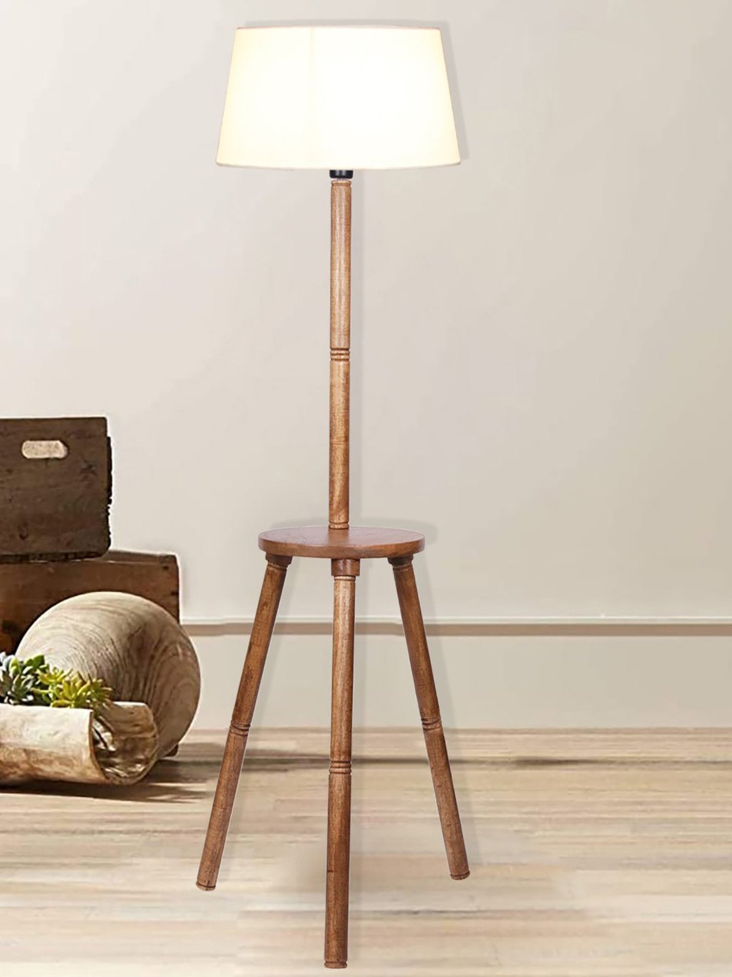 Homesake 'Tripod' White & Brown Wood Tall Floor Lamp With Shade & Bulb - Set of 1