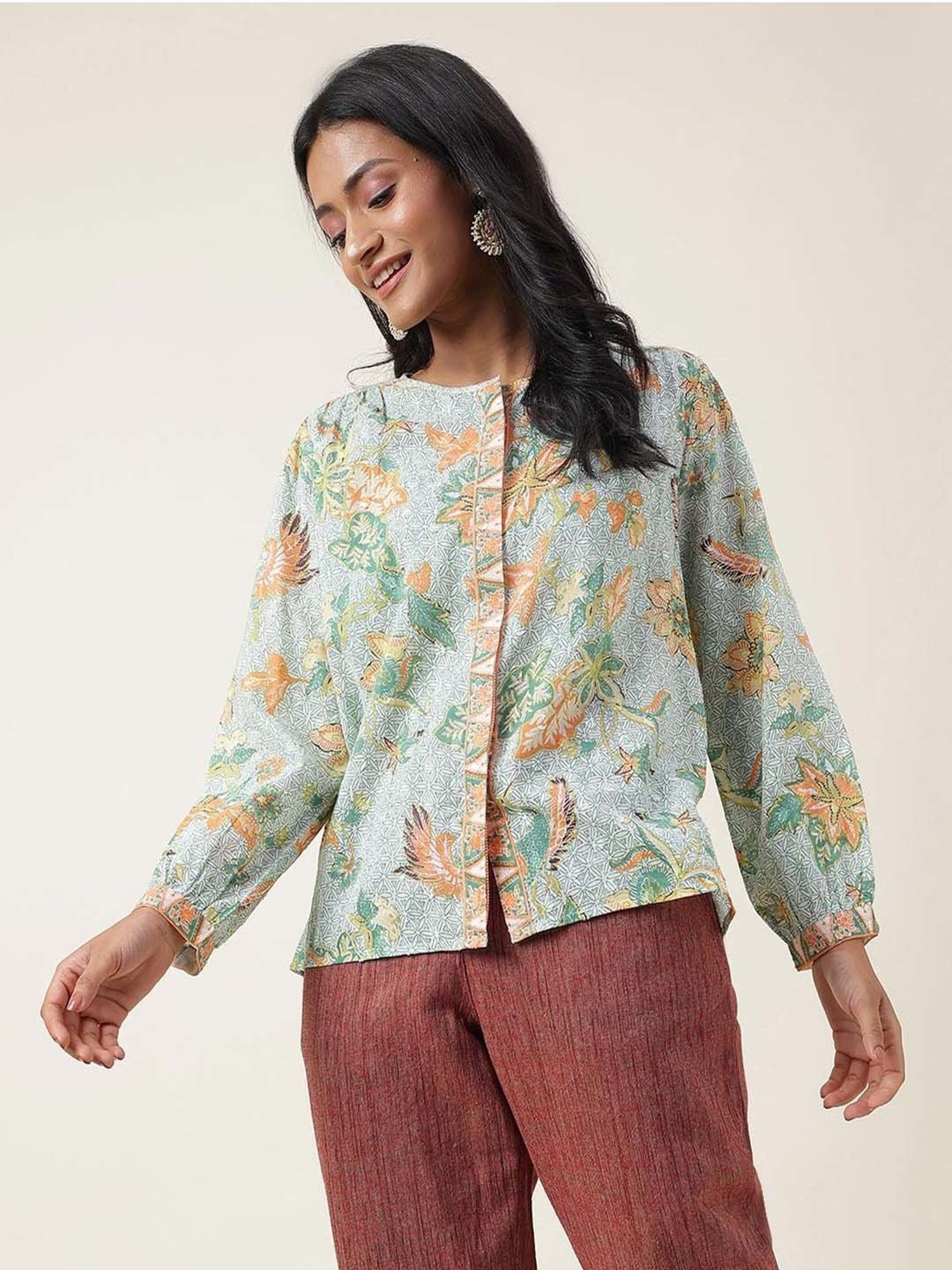 Fabindia Green Cotton Floral Print Top