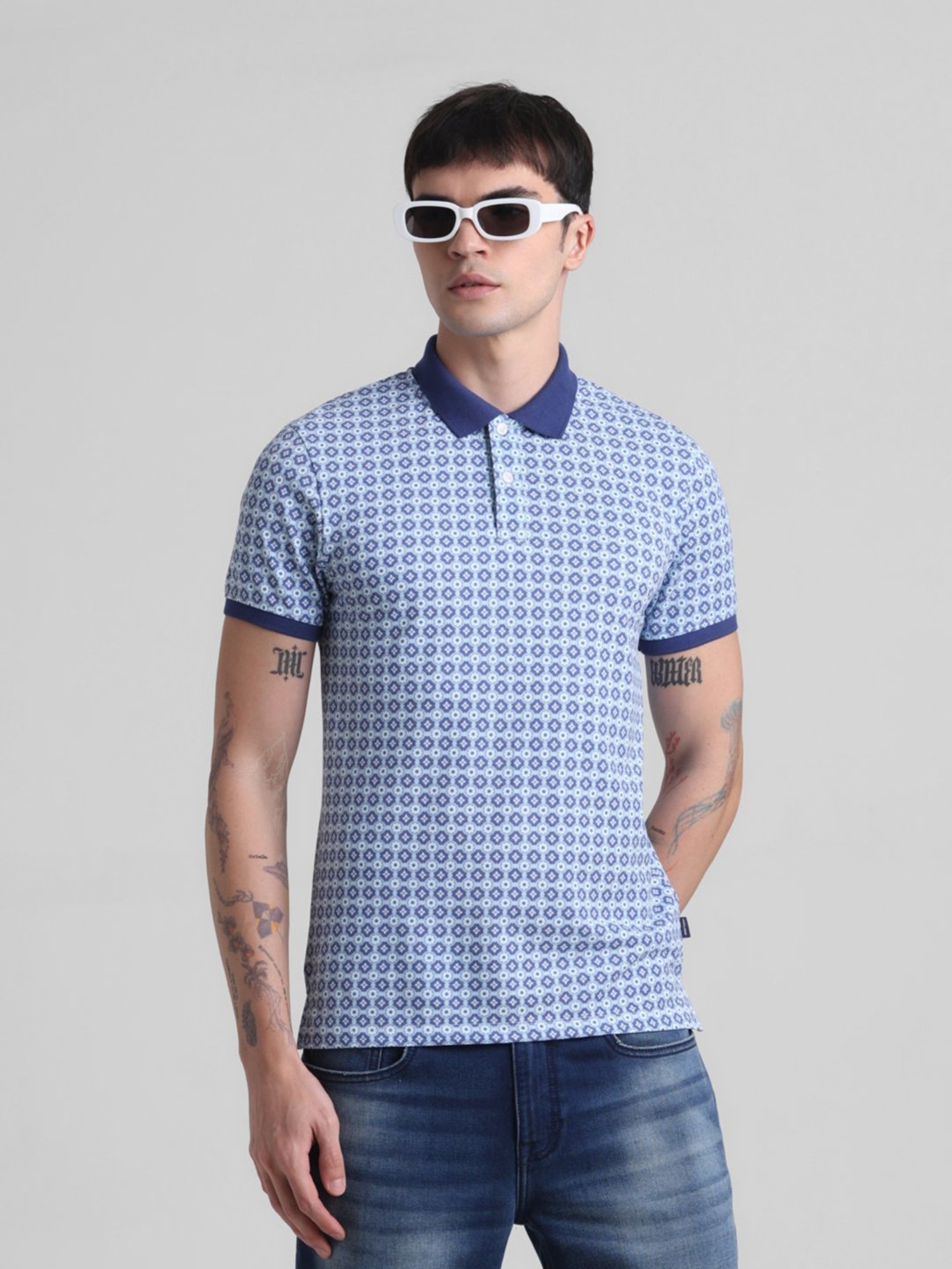 Jack & Jones Cloud Dancer Cotton Slim Fit Printed Polo T-Shirt