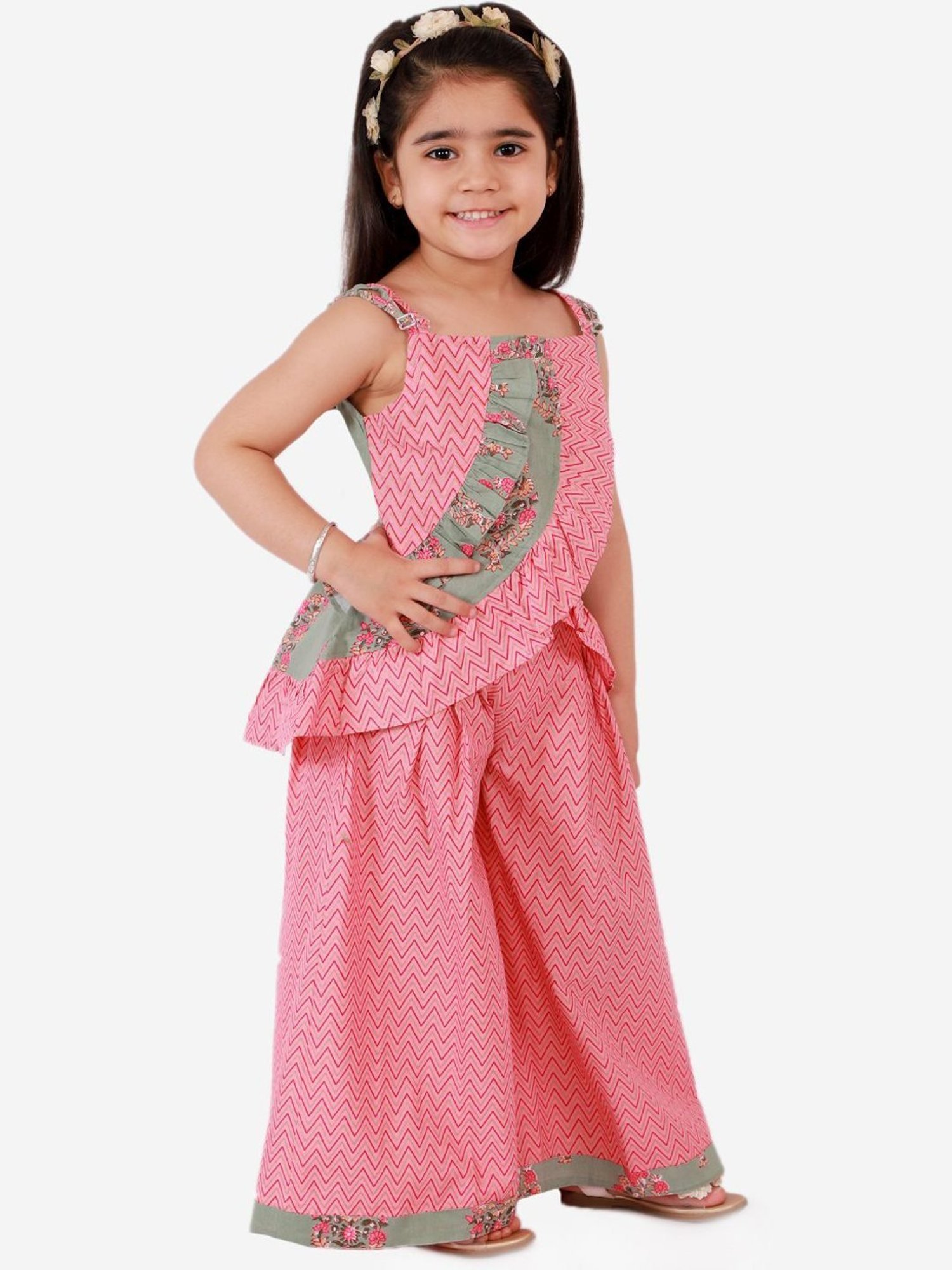 TWISHA Kids Pink & Green Cotton Printed Top Set
