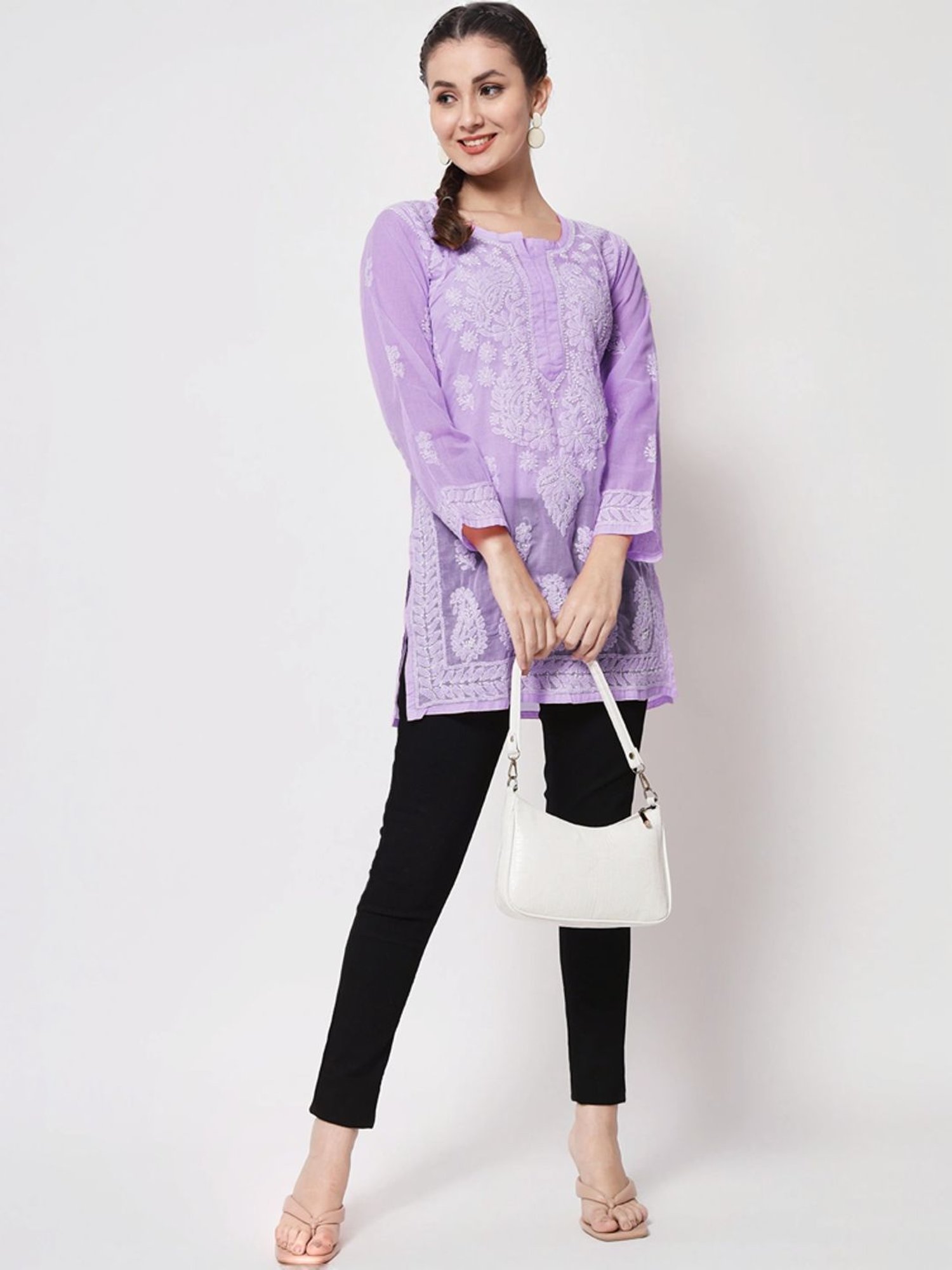 PARAMOUNT CHIKAN Violet Cotton Hand Embroidered Chikankari Straight Kurti