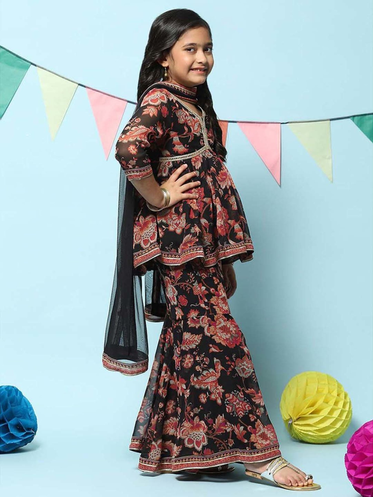 BIBA Girls Kids Black & Red Printed Kurta Set