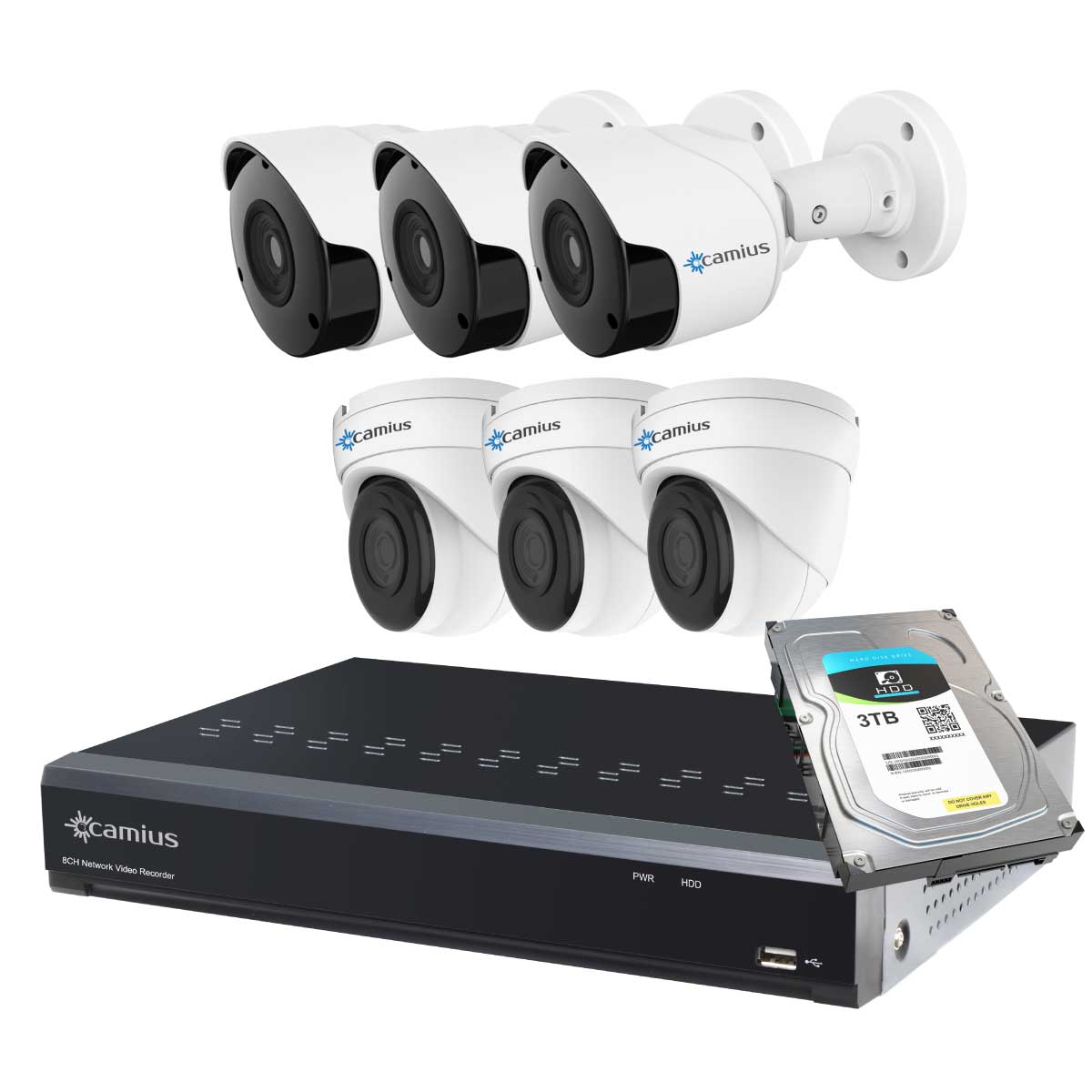 Camius 4K 8 Channel NVR Security System with 3TB Hard Drive, 6 x 5MP Bullet & Dome IP PoE Cameras with Night Vision, Built-in microphone, Sound & motion detection, 24-7 recording - 8P3B3I3T