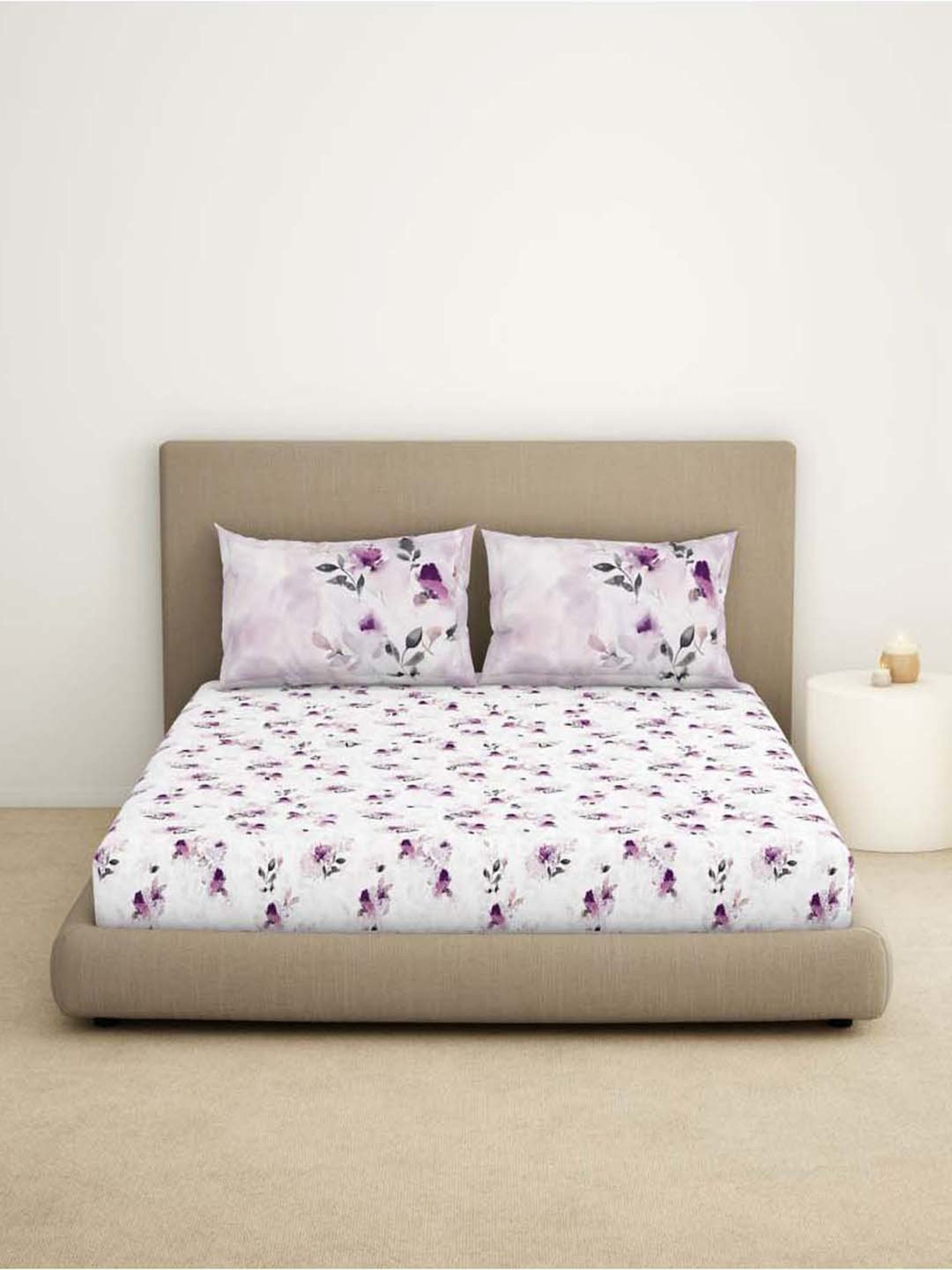 Spaces Dark Purple Cotton 144 TC King Bed Sheet With Pillow Covers