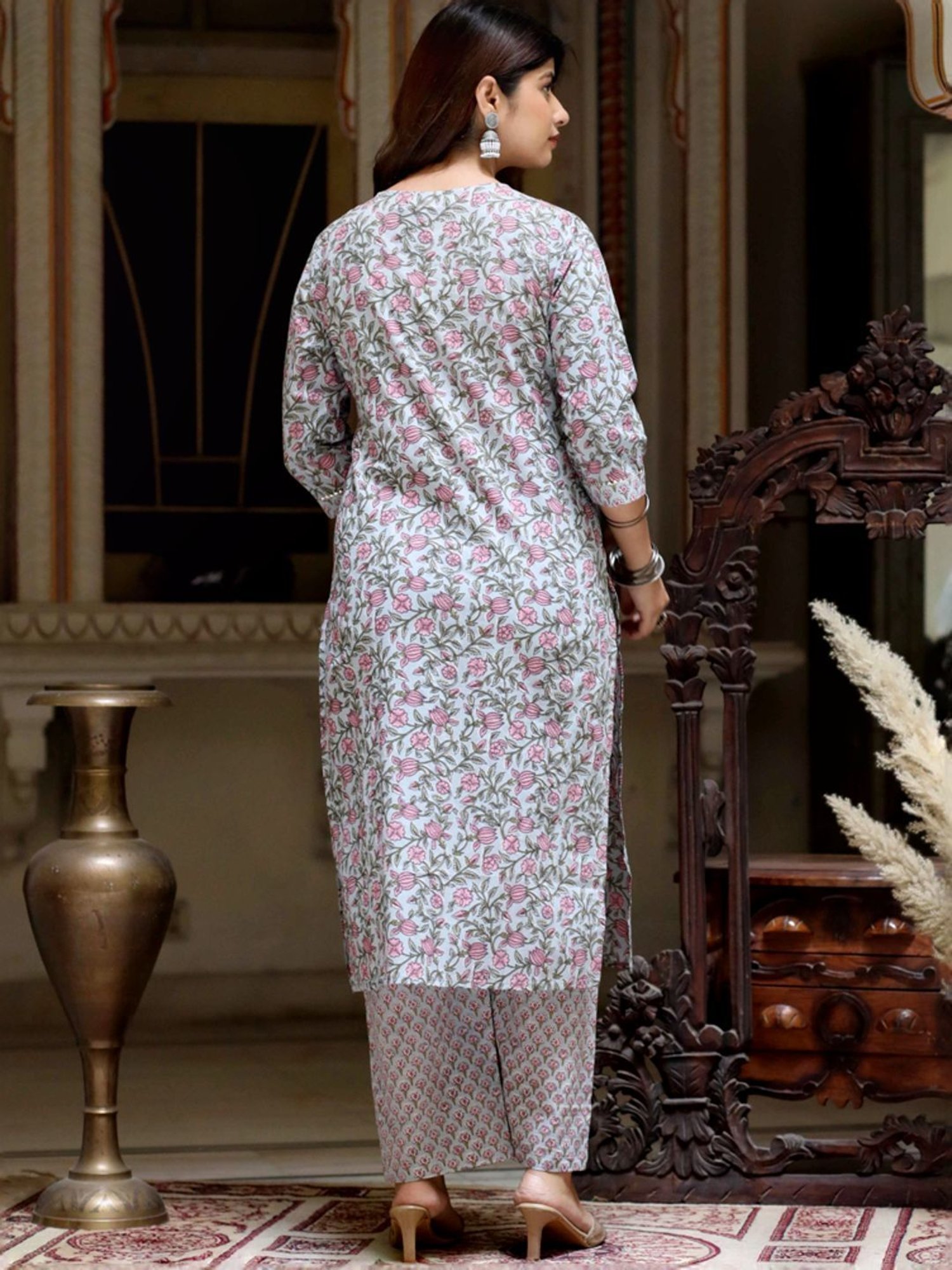 Miravan Blue Cotton Floral Print Kurta Palazzo Set With Dupatta