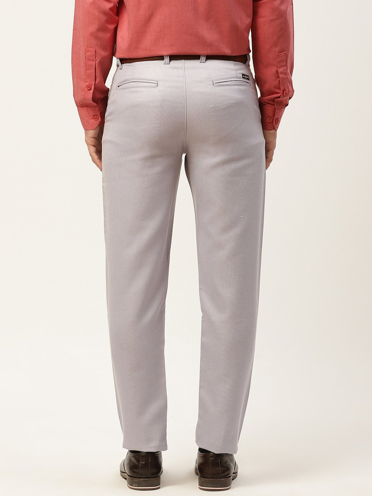 Sojanya Grey Cotton Regular Slim Fit Self Pattern Flat Front Trousers