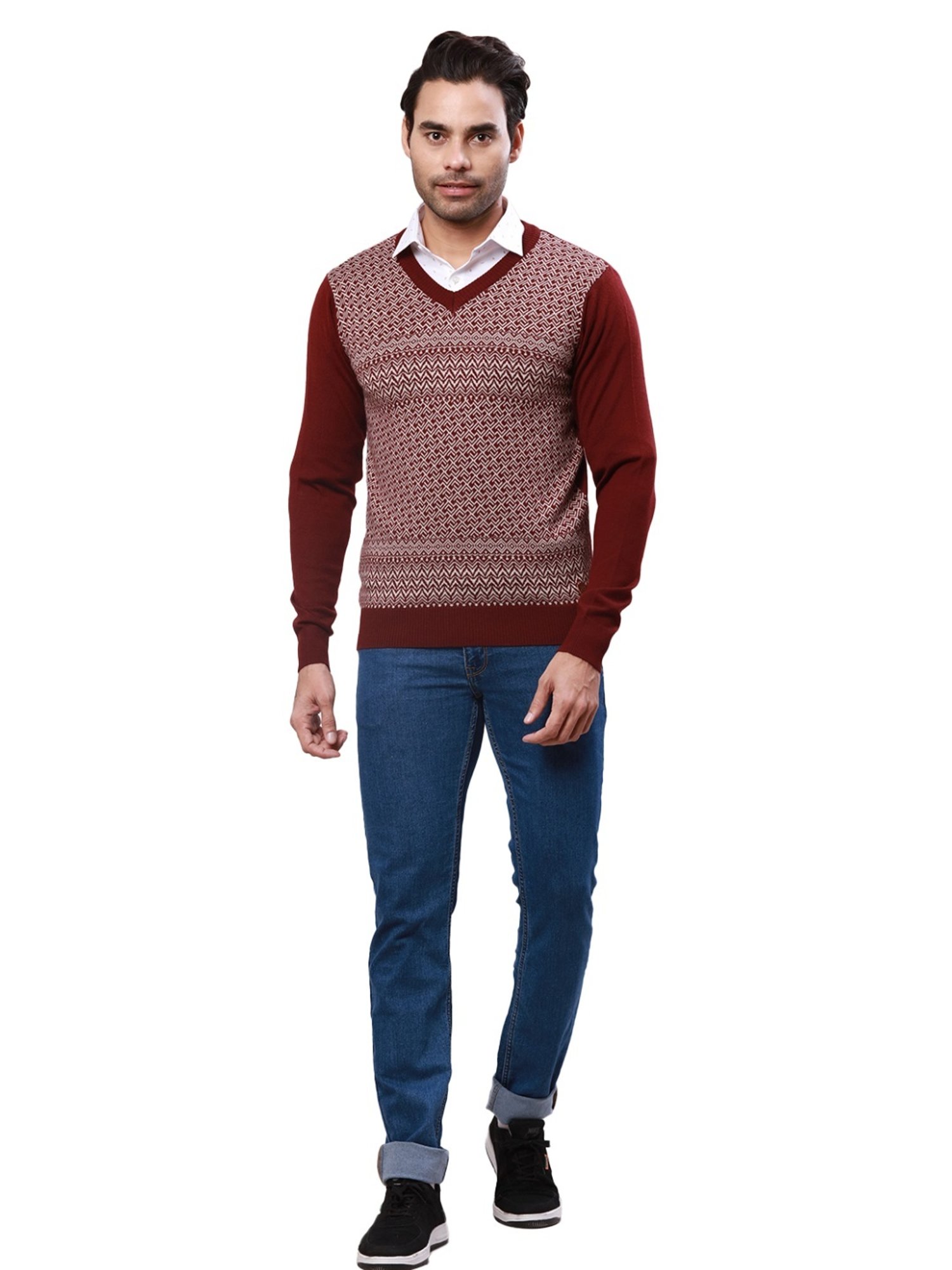 Raymond Maroon Regular Fit Self Pattern Sweater
