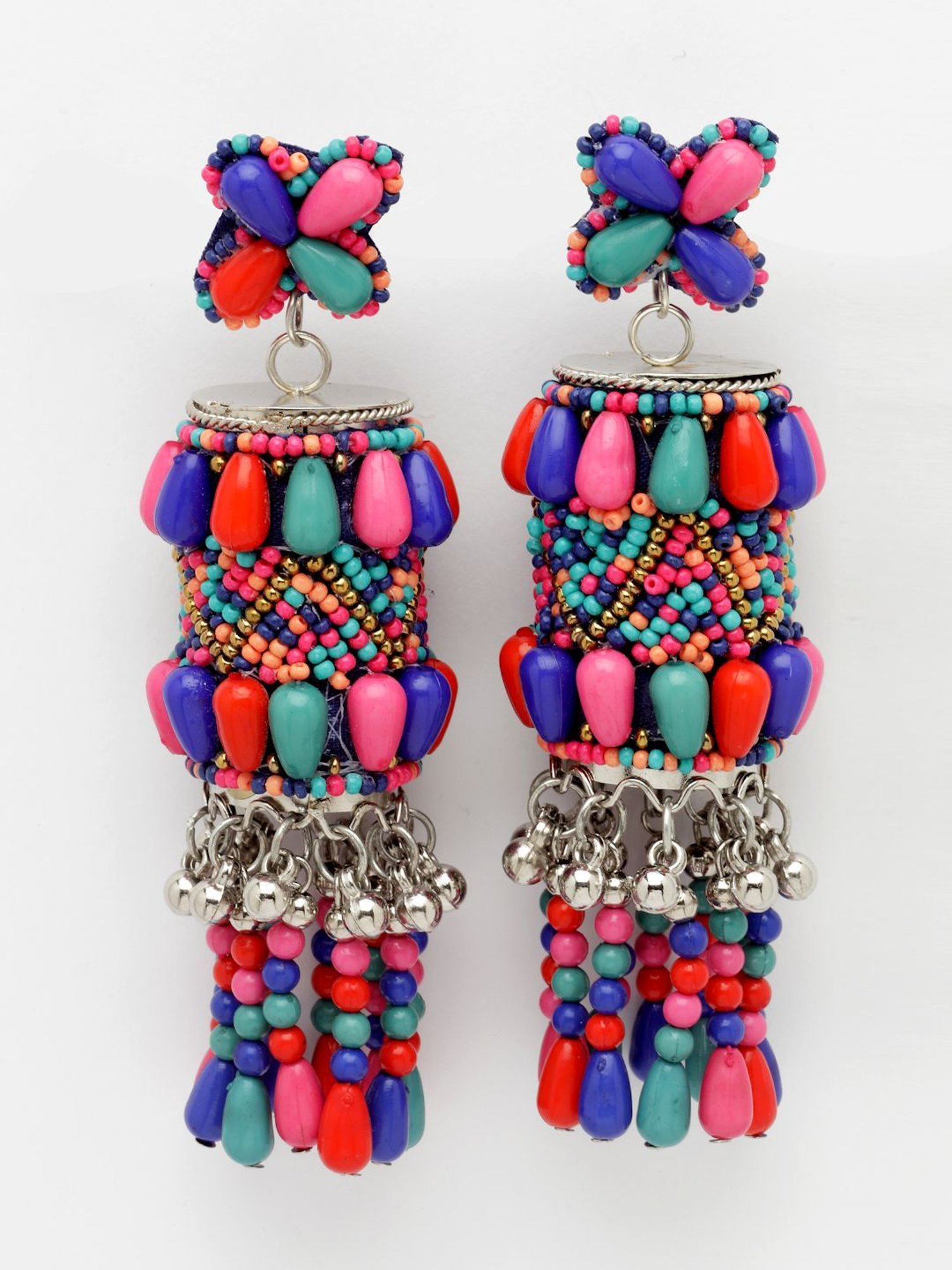 Moedbuille Multi Color Beads and Pearls Afghan Tasselled Design Silver Plated Handcrafted Earrings
