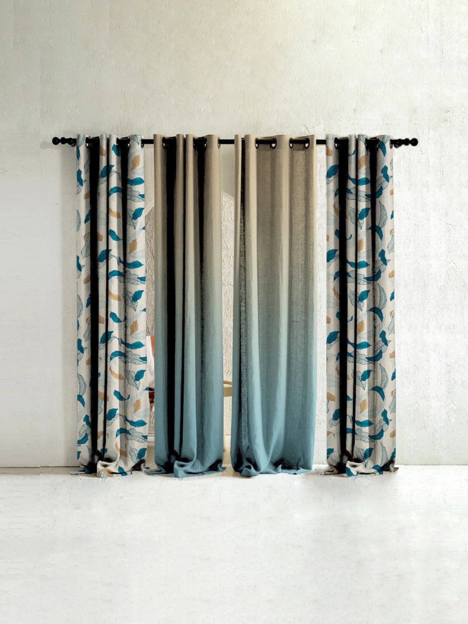 SPACES DRAPE STORY Elegant Printed Teal & Beige Polyester 7 ft Door Curtains - Set of 4