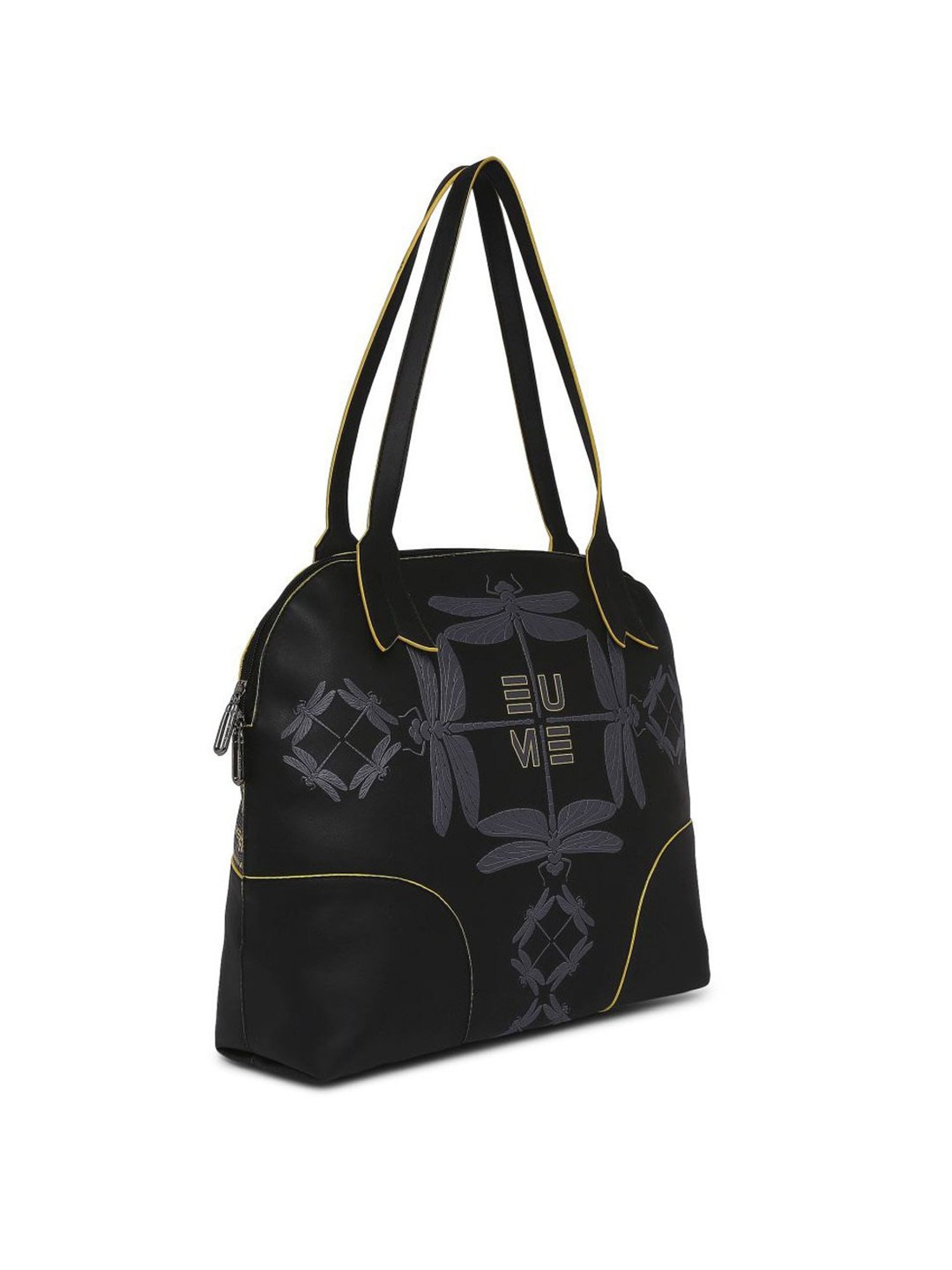 Eume Dragonfly Black Leather Printed Shoulder Handbag