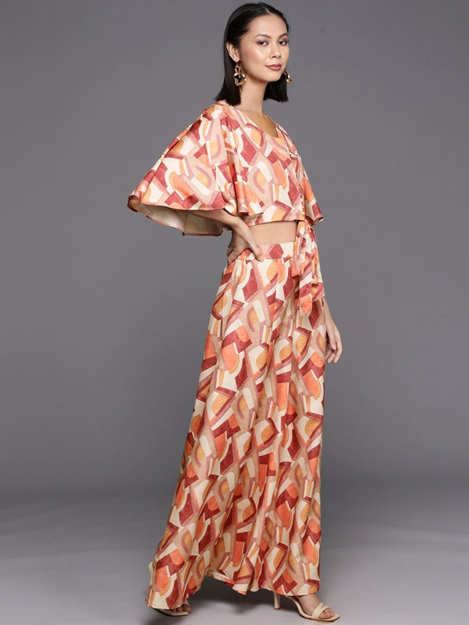 Varanga Beige Printed Crop Top Palazzo Set