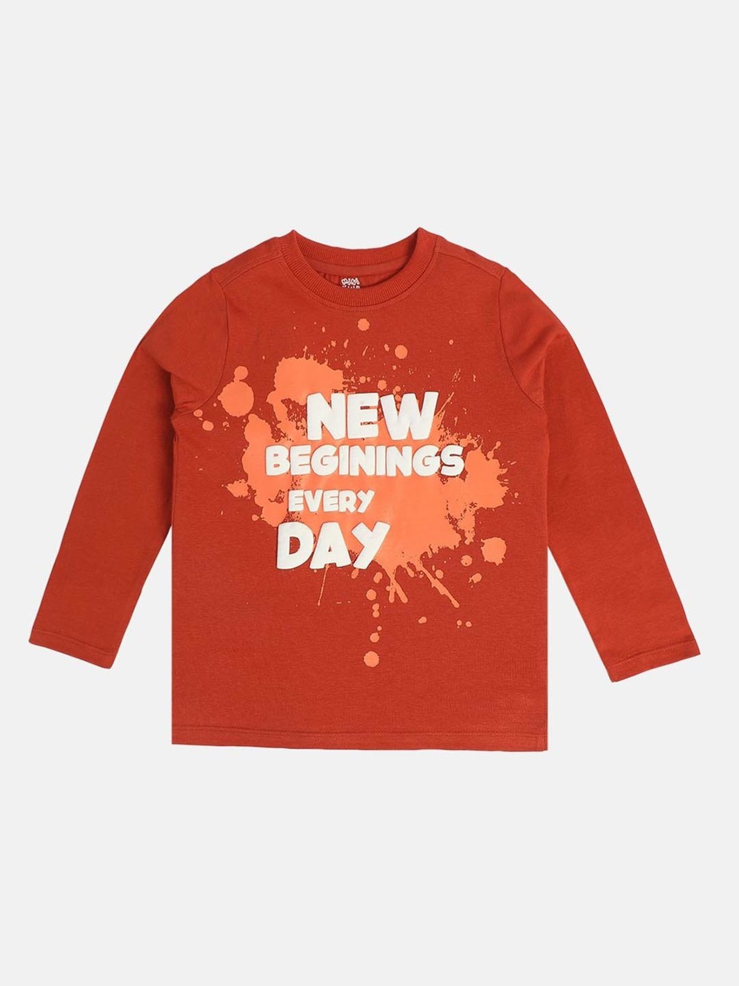 MINIKLUB Boys Rust Orange Cotton Printed Full Sleeves T-Shirt