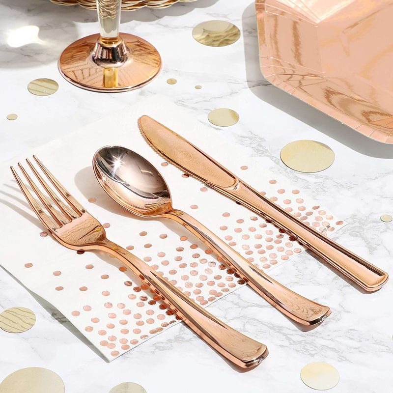 Sparkle and Bash 72 Pack Plastic Metallic Rose Gold Cutlery, Disposable Dinnerware Set