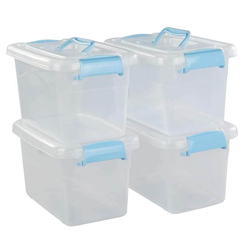 6 Quart Plastic Storage Box with Blue Latching Lid, Clear Bin Organizer, 4 Packs