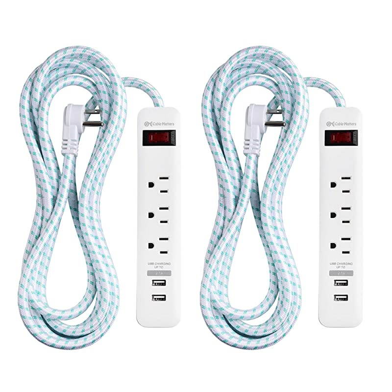 2-Pack 3 Outlet Surge Protector Power Strip with USB Charging Ports with Low Profile Plug and 12 Foot Power Cord in White