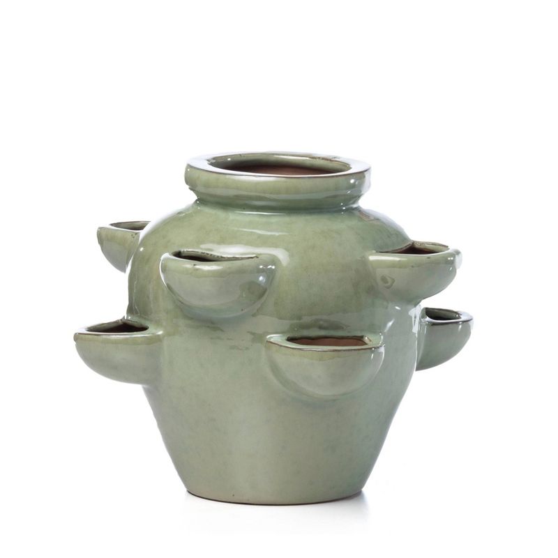 Eight Pocket Glazed Ceramic Strawberry Jar Planter Green - Alfresco Home LLC