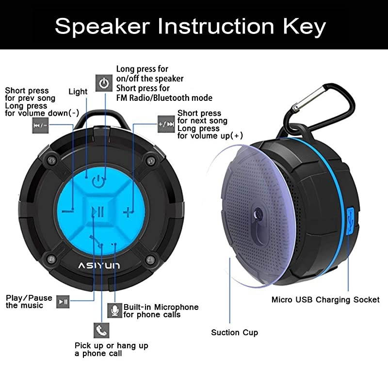 Shower Radios Waterproof Speaker with Louder HD Sound 4H Playtime Portable Wireless Speaker with Suction Cup Sturdy Hook Built in Mic for Bathroom Pool Beach Outdoor Blue