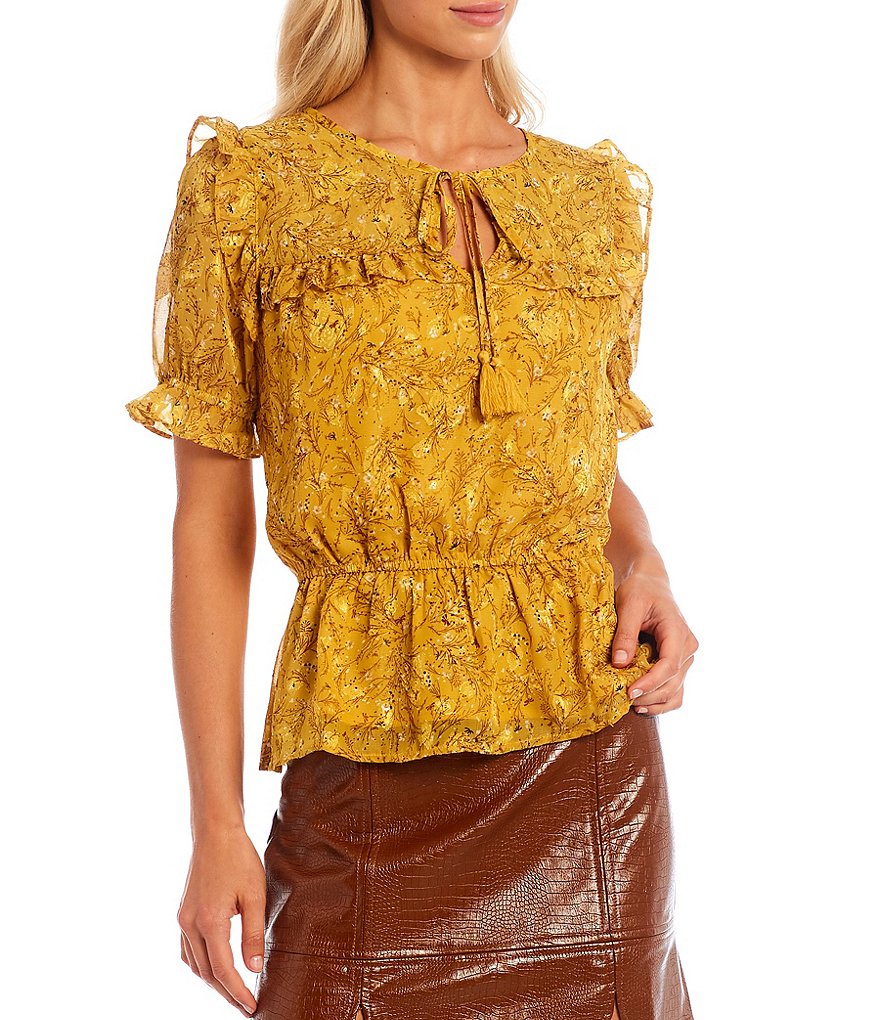 Skies Are Blue Floral Print Tassel Tie Neck Short Puff Sleeve Ruffle Trim Peplum Top