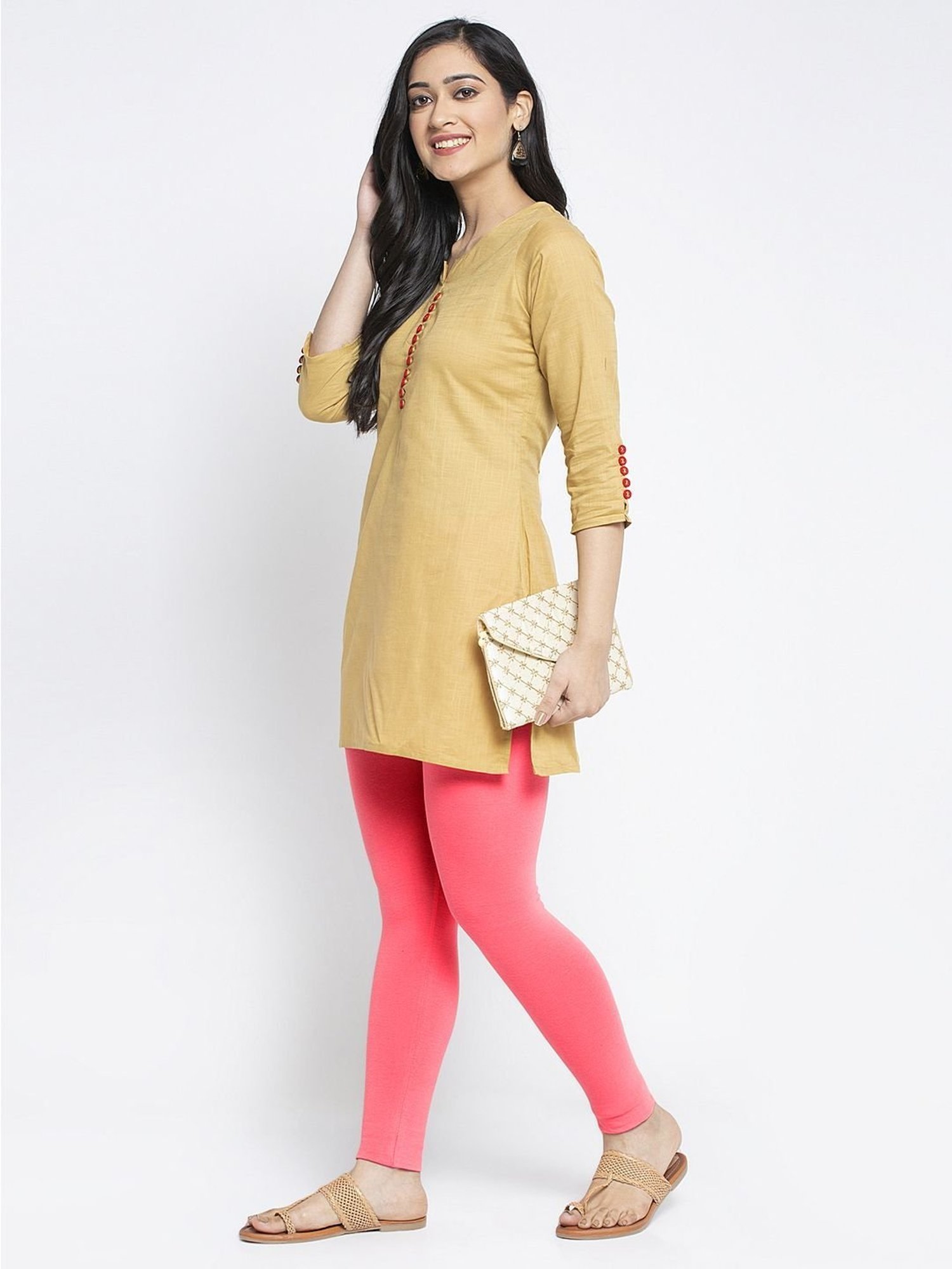 Gracit Yellow & Peach Mid Rise Leggings - Pack Of 3